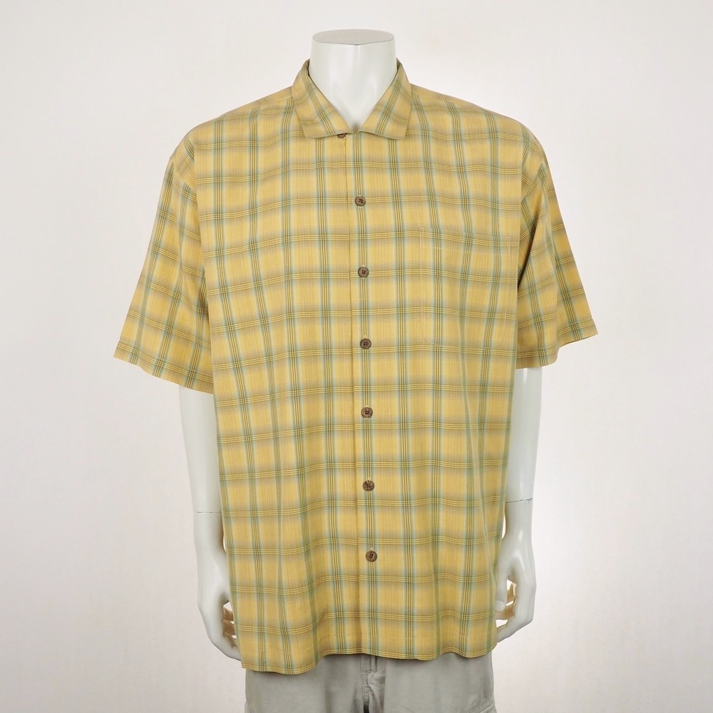 Tommy Bahama 100% Silk Button Down Shirt Mens XL Yellow Plaid Travel Vacation